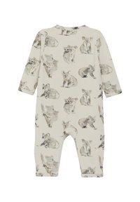 Baumwoll-Overall mit beigem Hintergrund und einem durchgehenden Koala-Druck in sanften Grau- und Brauntönen. Lange Ärmel und design ohne Füße.