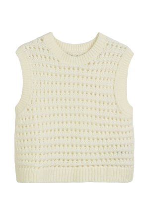 Mouwloze gebreide tanktop in crème, met een gestructureerd open weefpatroon en geribbelde halslijn en zoom.