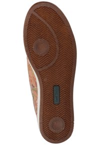 Shoe sole featuring a textured rubber pattern with a brown base and floral design on the upper side. Includes a brand label.