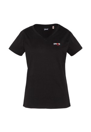 Camiseta de mujer negra con cuello en V y mangas cortas, con un pequeño logo "Schott N.Y.C" en blanco y rojo en el lado izquierdo del pecho.