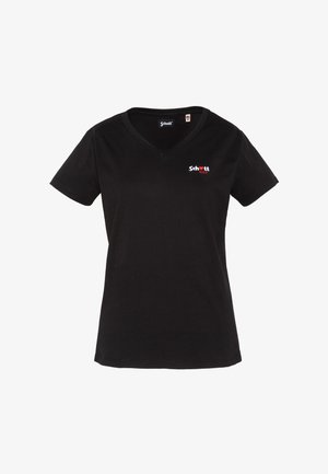 Black V-neck short-sleeve women's T-shirt with small white and red "Schott N.Y.C" logo on the left chest.