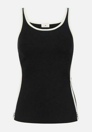 Canotta nera aderente con rifiniture bianche lungo lo scollo e i lati, caratterizzata da spalline sottili e dettagli con cerniere laterali.