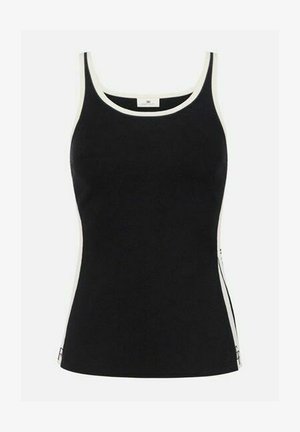 Canotta nera aderente con rifiniture bianche lungo lo scollo e i lati, caratterizzata da spalline sottili e dettagli con cerniere laterali.