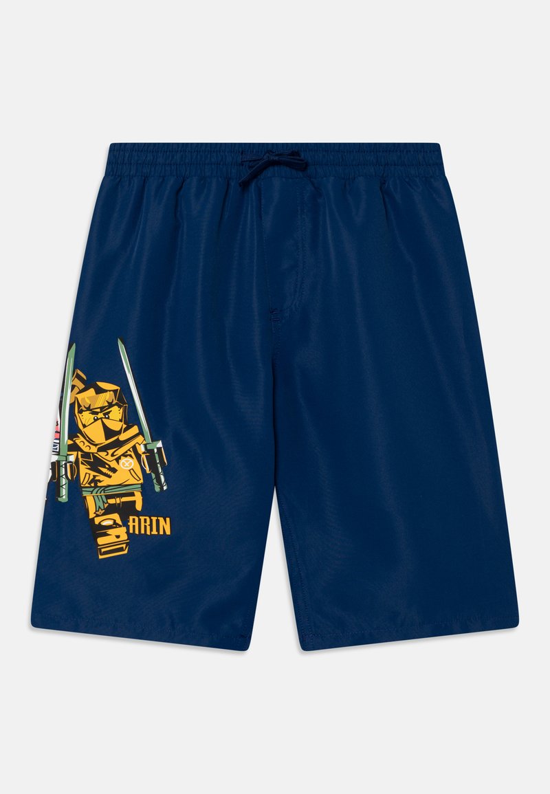 Marineblau Schwimmshorts mit elastischem Bund und Kordelzug, ausgestattet mit einem großen gelben Grafikbild eines Charakters mit Schwertern auf dem linken Bein.