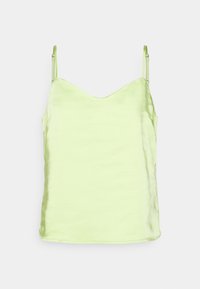 Camisola de cetim verde claro com alças ajustáveis, decote em V e textura suave. Design simples sem padrões ou acentos visíveis.