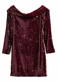 Paljetterklänning i djup burgundyröd, med en bred off-shoulder halsringning och 3/4-långa ärmar. Tyget är helt täckt av glänsande paljetter.