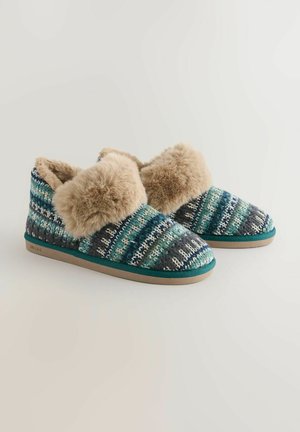 Kootud kangast sussid türkiis, sinise ja halliga, karvased ääred pahkluude juures ning kummist talla. Omab mustrilist välist ja pehmet voodrit.