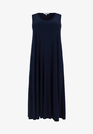 Ærmeløs, mørkeblå, løstsiddende maxikjole med rund halsudskæring og flydende stof.
