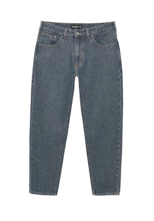 Mørkeblå denim jeans med afslappet pasform, fem-lomme design, knaplukning og en let slidset kant. Holdbart materiale med subtil tekstur.