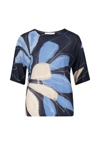 Koszulka z nadrukiem kwiatowym w ciemnoniebieskim kolorze, z dużymi jasnoniebieskimi i kremowymi kwiatami, krótkimi rękawami oraz okrągłym dekoltem. Wykonana z lekkiego materiału.