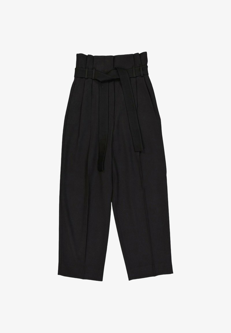 Pantalon paperbag noir taille haute avec plis et ceinture en tissu assortie nouée à l'avant, coupe jambes larges, longueur cheville.