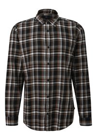 Langärmliges kariertes Hemd in Schwarz, Braun und Weiß. Mit einem Button-Down-Kragen und vorderen Knöpfen, aus einem weichen, strukturierten Stoff.
