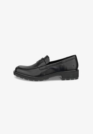 Black leather loafers with a smooth surface, a raised band across the top, and a thick, textured sole for traction.