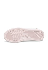 Sneaker bianca con suola in gomma testurizzata, dotata di suola rosa e logo FILA. Design semplice senza ulteriori accenti o motivi.
