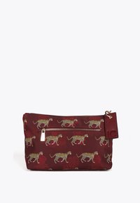 Burgundy zipper pouch with a glossy finish, featuring green and gold leopard print and leaf patterns; includes a decorative leather tag.