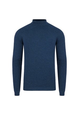 Ciemnoniebieski sweter z wysokim kołnierzem, długimi rękawami i gładkim, teksturowanym wzorem dzianiny. Brak widocznych wzorów lub akcentów.