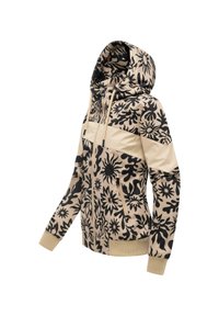 Veste à capuche beige avec motifs abstraits noirs de soleil et de plantes, fermeture éclair frontale, cordons de serrage, poches latérales zippées et poignets et ourlet côtelés.