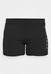Černé sportovní šortky vyrobené z elastického materiálu, s bočním potiskem "PINK SODA" v bílé barvě. Design obsahuje ploché švy.