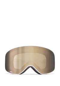 Occhiali da sci con una grande lente curva marrone, una montatura bianca e un rivestimento interno testurizzato nero per il comfort. Lente etichettata 'Zeiss S3'.