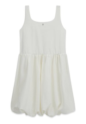 Robe blanche sans manches avec un col carré et une jupe bouffante froncée s’étendant à partir de la taille.