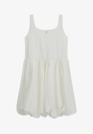 Robe blanche sans manches avec un col carré et une jupe bouffante froncée s’étendant à partir de la taille.