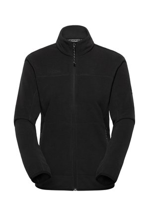 Jachetă fleece neagră cu fermoar complet, guler înalt și mâneci lungi, având un logo discret al brandului pe pieptul stâng.
