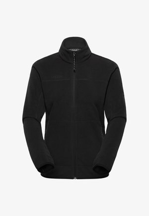 Jachetă fleece neagră cu fermoar complet, guler înalt și mâneci lungi, având un logo discret al brandului pe pieptul stâng.