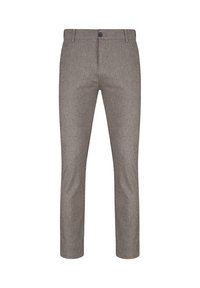 Slim-fit szare spodnie w kratę wykonane z teksturowanej tkaniny, z zapięciem na guzik, szlufkami na pasek oraz zwężanymi nogawkami z dopasowanym wykończeniem.