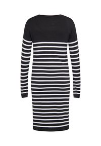 Langärmliges Kleid mit einem schwarz-weißen Streifenmuster, aus weichem Material gefertigt, mit rundem Ausschnitt und verlängerten Ärmeln.