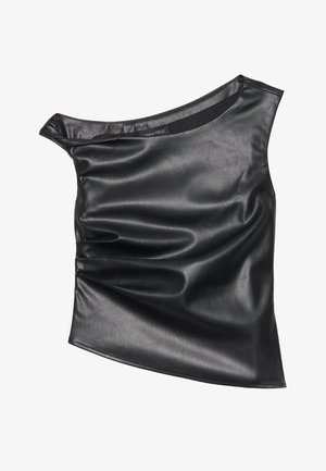 Black, asymmetrical top made of smooth faux leather. Features a draped design and subtle sheen, with a rounded neckline and layered texture.