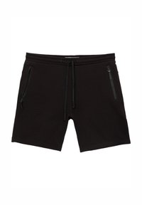 Shorts de sport noirs en tissu doux avec une ceinture élastique et un cordon de serrage. Comprend deux poches latérales zippées. Texture lisse.