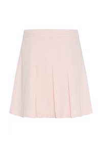 Pleated miniskirt in light pink fabric, featuring a straight waistband and five vertical pleats for added texture and movement.