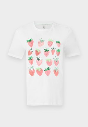 Λευκό βαμβακερό t-shirt με γραφικό τύπωμα ροζ φράουλες με πράσινα φύλλα, οργανωμένες σε μοτίβο πλέγματος. Μαλακή υφή.