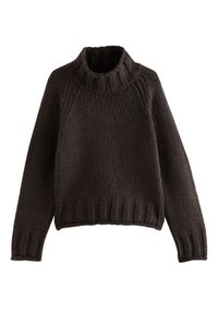 Maglione marrone scuro in maglia con collo alto a coste, maniche raglan e orlo a coste. Caratterizzato da una trama spessa e una vestibilità comoda.