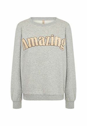 Sudadera gris de manga larga y escote redondo, que presenta un gran bordado en color beige con la palabra "Amazing" en la parte frontal.