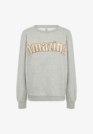 Grijze sweatshirt met lange mouwen en een ronde hals, voorzien van een grote, geborduurde "Amazing" in een beige lettertype over de voorkant.