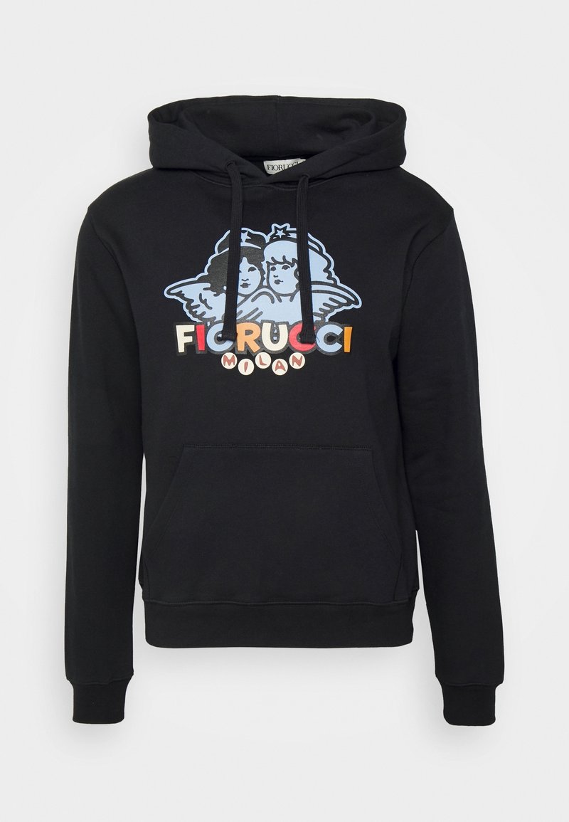 Sweat à capuche noir avec poche ventrale, cordons de serrage, et texte coloré "Fiorucci Milan" sous deux visages d'anges illustrés avec des ailes.