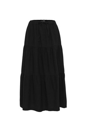 Black tiered maxi skirt made of lightweight fabric, featuring an elastic waistband with a drawstring and a flowing, relaxed fit.