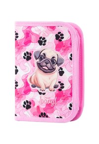 Portafoglio di stoffa rosa con un'illustrazione giocosa di un bulldog francese su uno sfondo vorticoso rosa e bianco, impreziosito da impronte di zampe nere.