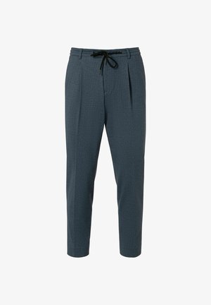 Graue, taillierte Hose mit strukturiertem Muster, verstellbarem Kordelzugbund und vorderen Falten. Leichter Stoff mit seitlichen Taschen.