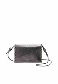 Metallic gray leather crossbody bag with a stitched edge, featuring a logo on the front and a thin adjustable strap for carrying.
