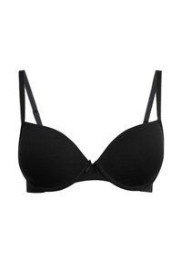 Sort polstret bh med justerbare stropper og en lille sløjfe i midten, designet til daglig brug.