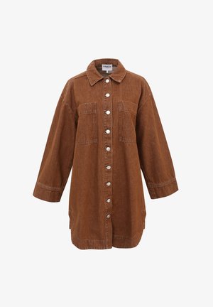 Bruine spijkerjas met kraag, lange mouwen, zilveren drukknoopsluiting, twee borstzakken en een relaxte pasvorm.