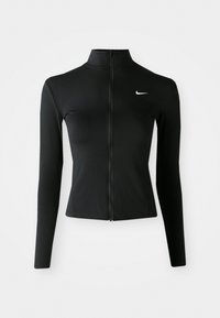 Musta pitkähihainen vetoketjullinen takki, joka on valmistettu sileästä ja joustavasta materiaalista. Takissa on korkea kaulus ja pieni valkoinen Nike-logo rinnassa.