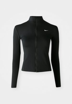 Zwarte lange mouwen zip-up jas gemaakt van glad, rekbaar materiaal. Beschikt over een hoge kraag en een klein wit Nike-logo op de borst.