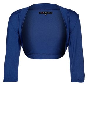 Blauwe cropped cardigan met lange mouwen, gemaakt van zachte stof, met een ronde halslijn en naden met een ruwe rand. Geen zichtbare knopen of sluitingen.