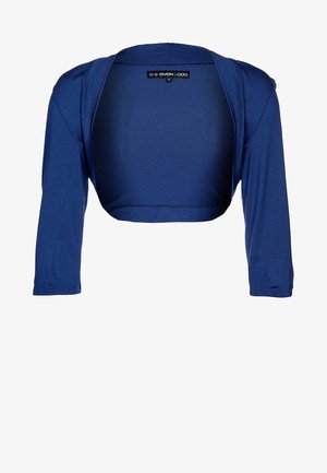 Cardigan court bleu à manches longues, fabriqué en tissu doux, avec un col rond et des coutures à bords francs. Pas de boutons ou fermetures visibles.