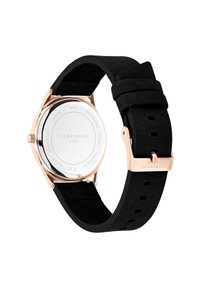 Roze gouden roestvrijstalen horloge met een zwarte suede band, voorzien van een gladde ronde kast en een veilige metalen sluiting.