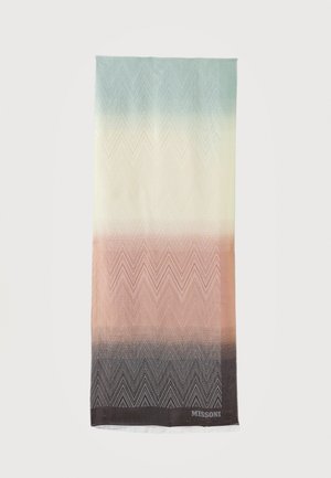 Soft woven scarf with gradient colors from light blue to cream, peach, and dark gray, featuring a subtle zigzag pattern and "MISSONI" logo.