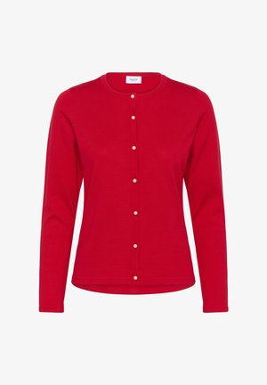 Raudonas kardiganas su ilgomis rankovėmis, apvalia kaklo iškirpte ir sagų užsegimu, puoštas perlo tipo akcentais priekyje. Pagamintas iš minkštos tekstūros medžiagos.